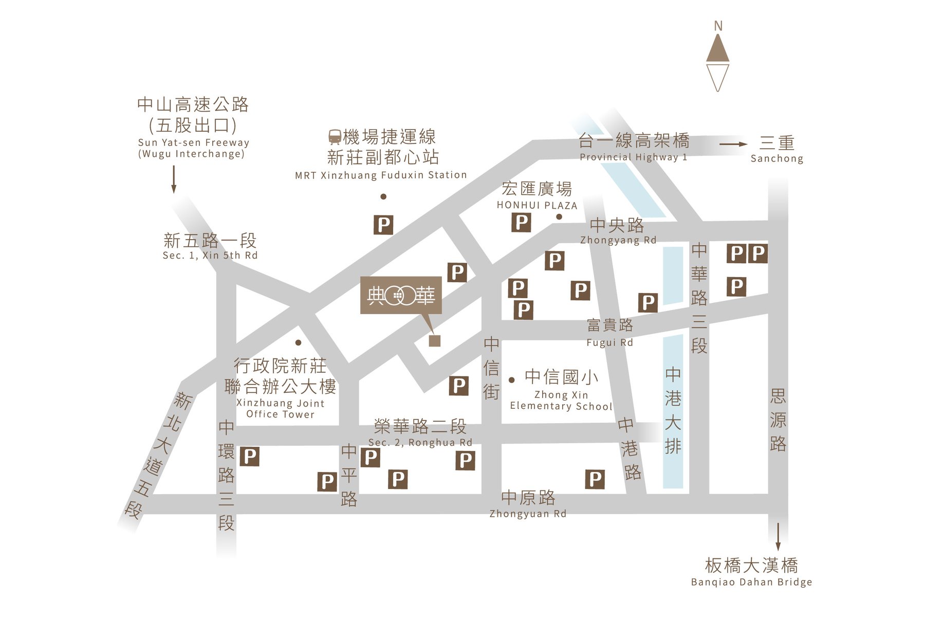 新莊典華周邊地圖 標示機場捷運新莊副都心站 中央路與周邊停車場